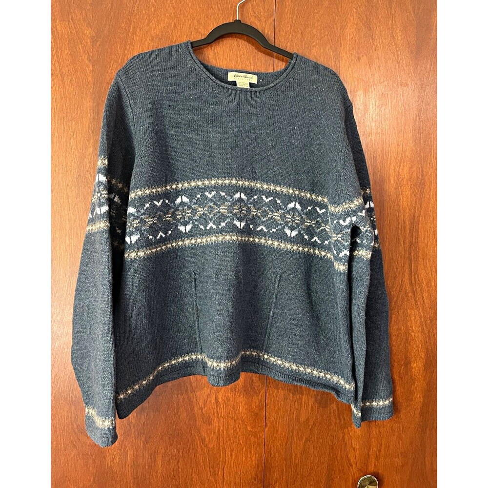 Y2K Eddie Bauer Lambswool Fair Isle Nordic Blue Pullover Sweater Womens Tall XXL